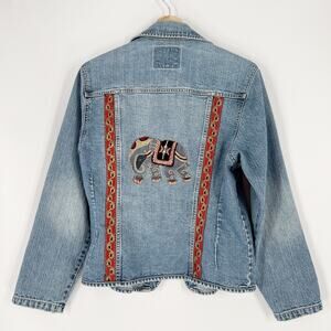Countdown Denim Jacket Elephant Embroidered US Medium Acid Wash Studded Artsy